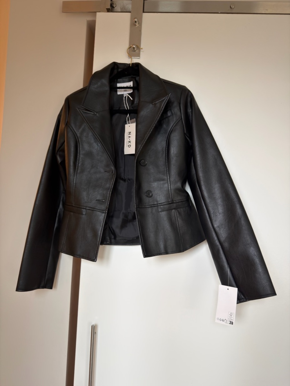 NA-KD Black Faux Leather Double-Breasted Blazer